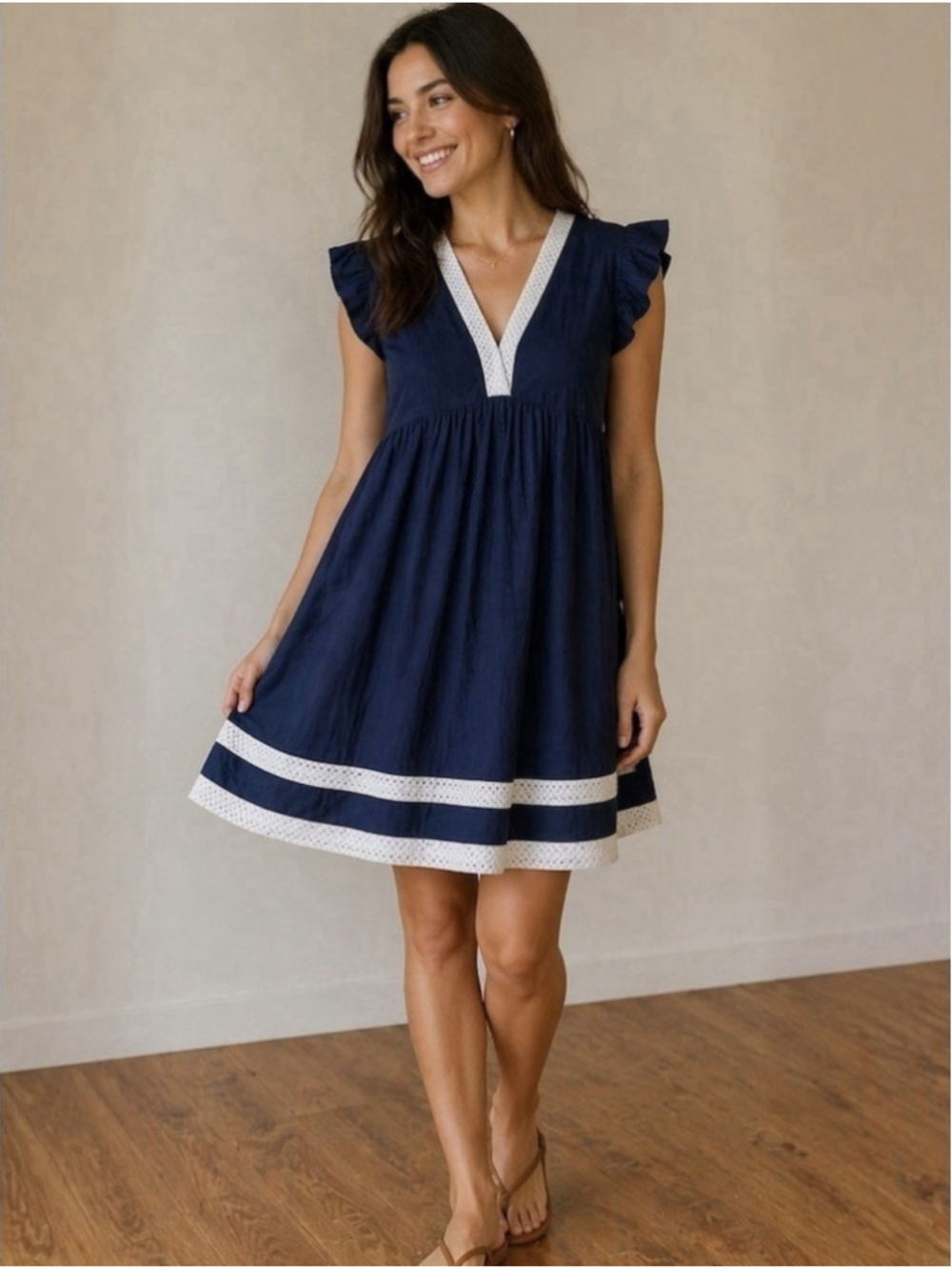 Navybleu Resortwear XS Eden Dress Mini V Neck Navy Crochet Summer Babydoll EUC